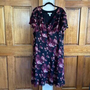 Vintage Alfani Silk Dress 22W Burgundy and Black Floral High Waisted Midi Dress